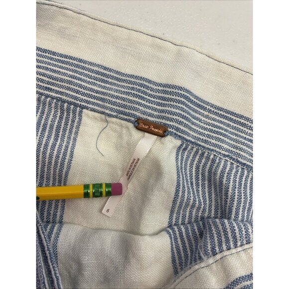 Free People 100% Linen Uptown Days Wrap Mini Skirt size 6‎ Blue White Stripes - Picture 5 of 11